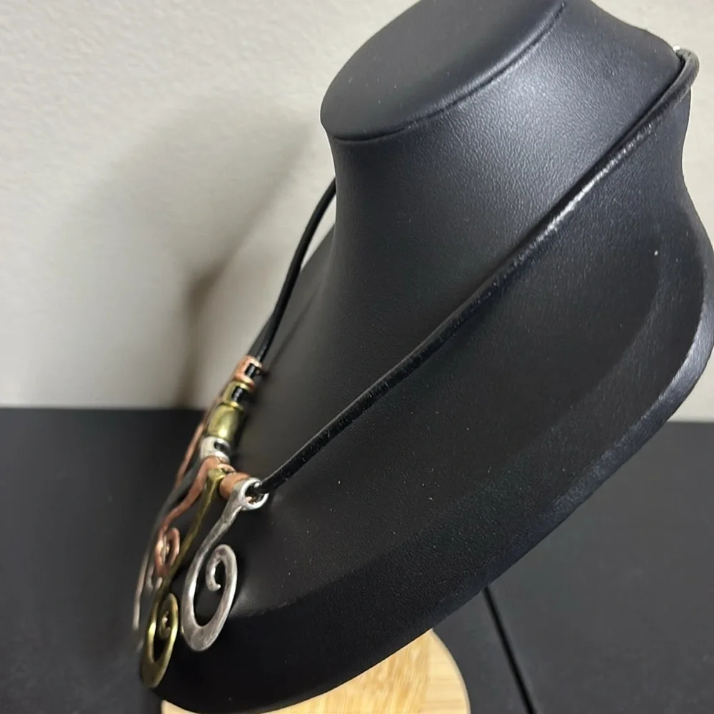 Patina Hammered Art to Wear Swirl Curly Metal Leather Statement Necklace